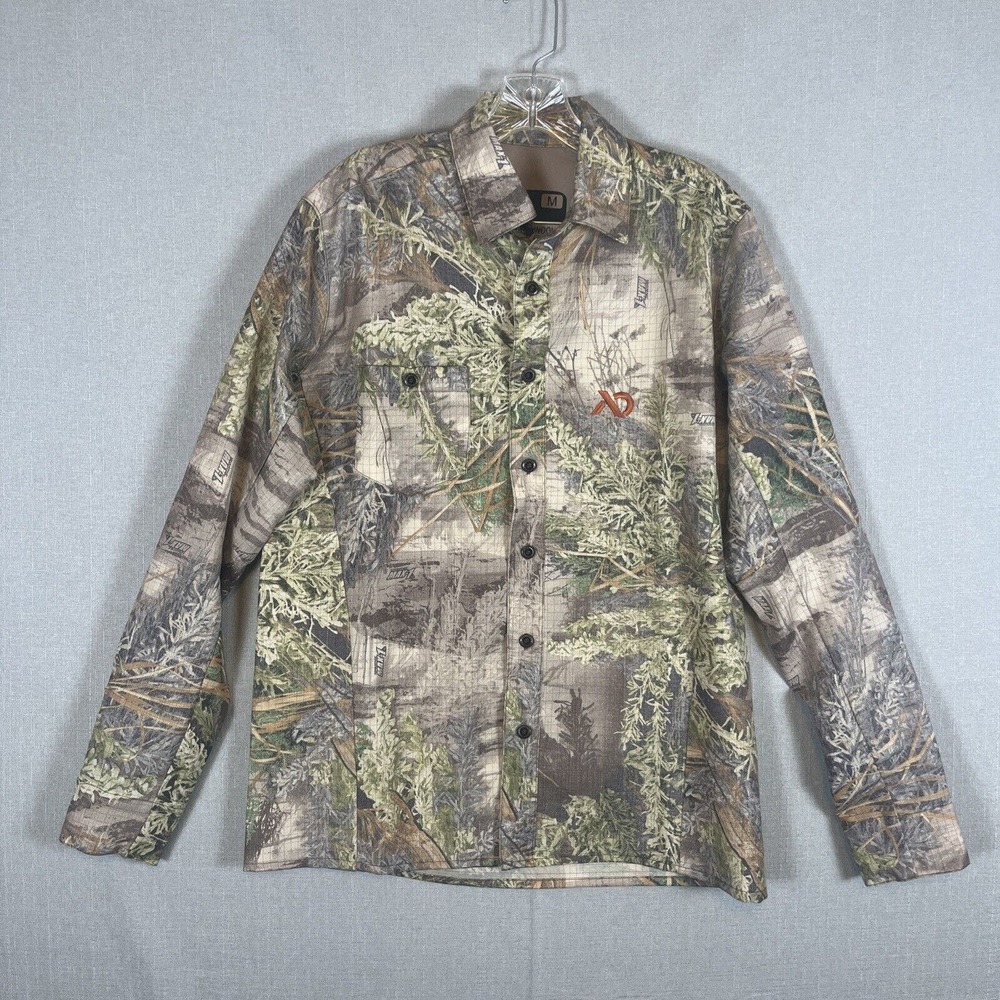 First Lite Mens 100% Merino Wool Button Up Shirt Medium Camo Ripstop EUC Work